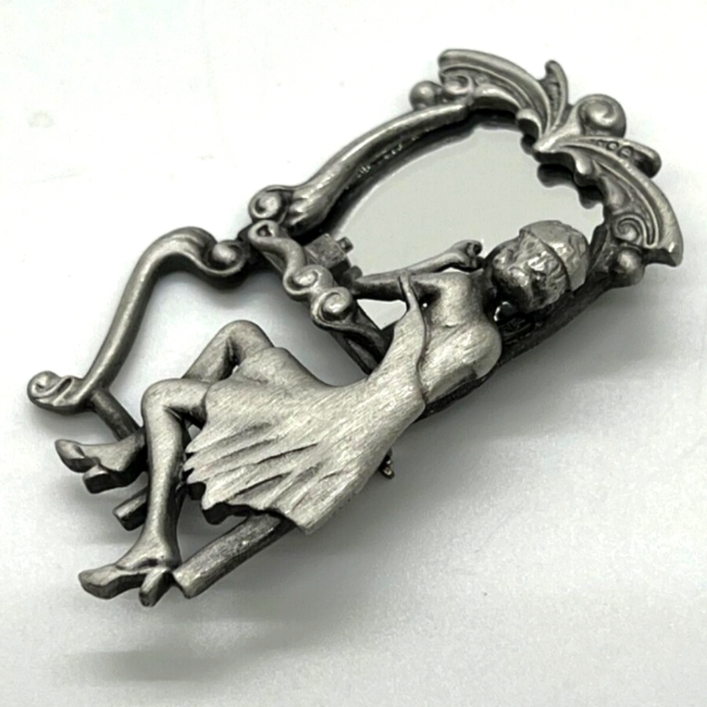 Vintage Brooch AJC Signed Deco Style Flapper Lady in Mirror Silver Tone